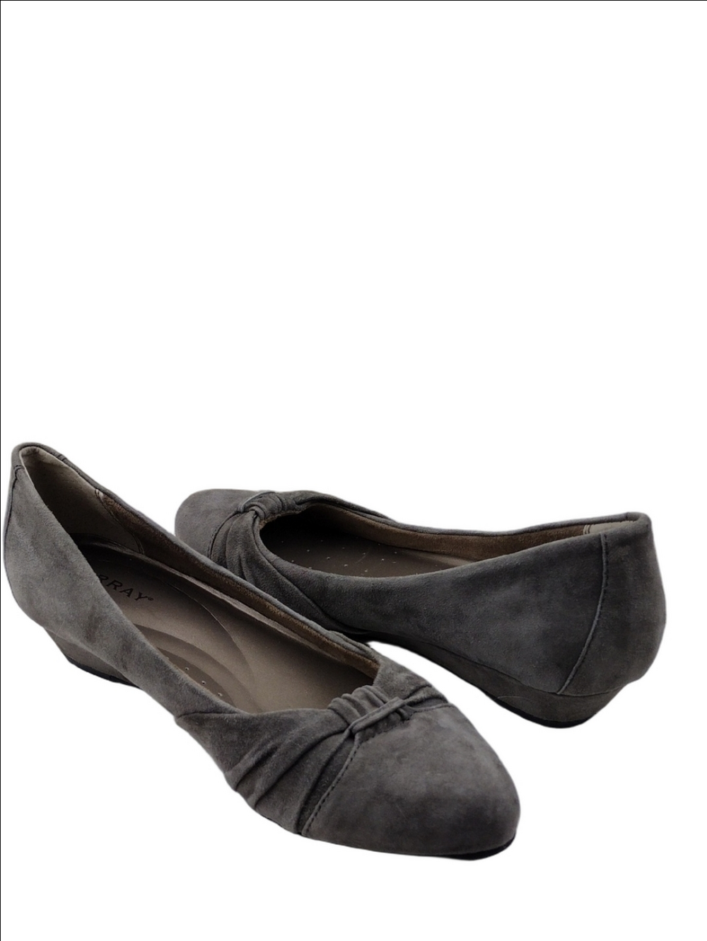 Array Grey Suede Leather Ruching Upper Almond Toe Slip On Low Wedged Heel Shoe